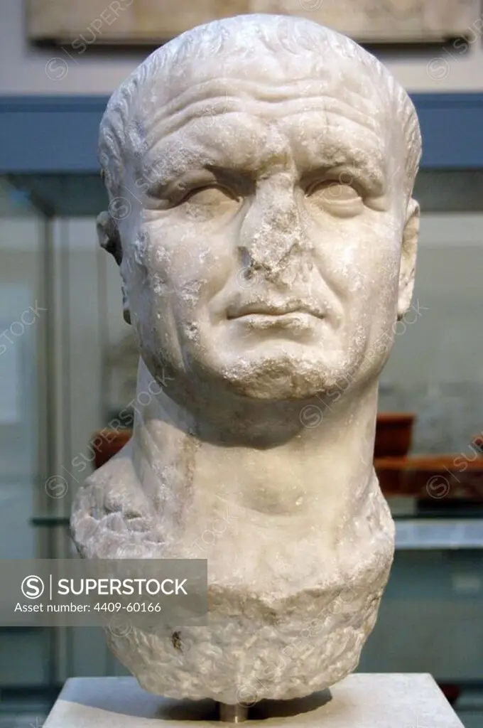 Vespasian (9-79). Roman Emperor. Founder of the Flavian dynasty. Head from an statue. 70-80 AD. From Carthage, Tunisia. British Museum. London. England. United Kingdom.