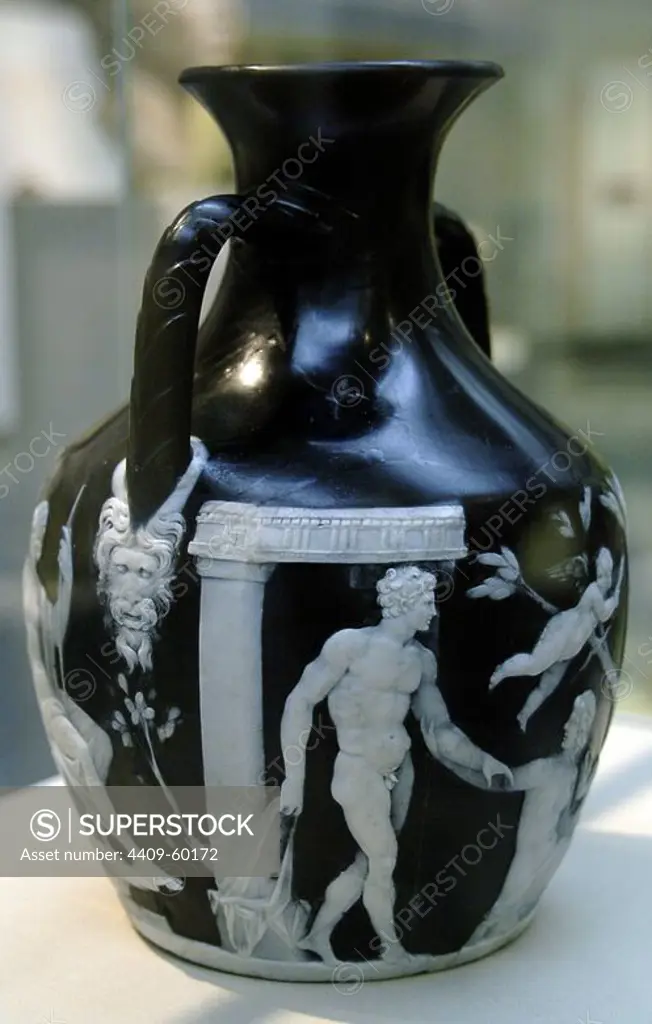 Portland Vase. Glass paste. 5-25 AD. Globular body and narrow neck with two handles, is decorated with mythological scenes of love or marriage. Detail. British Museum. London. England. United Kingdom.