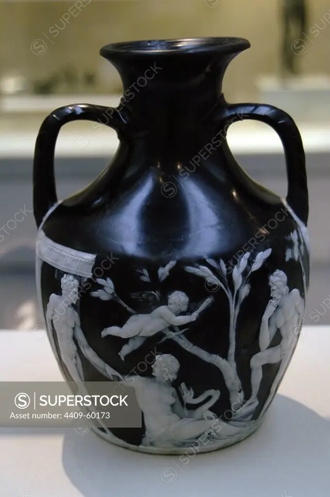 Portland Vase. Glass paste. 5-25 AD. Globular body and narrow neck with two handles, is decorated with mythological scenes of love or marriage. Detail. British Museum. London. England. United Kingdom.