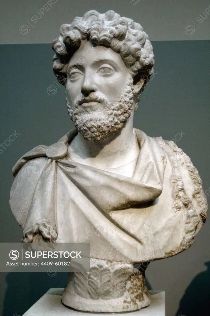 Marcus Aurelius (121-180 AD). Roman emperor (161-180). Antonine Dynasty. Bust. Marble. 160-170 AD. From Cyrene, North Africa. British Museum. London. England. United Kingdom.