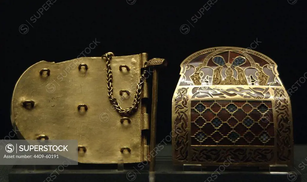 Sutton Hoo Treasure. Royal shoulder-clasps decorated with inlaid gold, enamel and garnet. 7th-8th centuries AD. From Mound 1. Near Woodbridge, Suffolk, England. British Museum. London. England. United Kingdom.