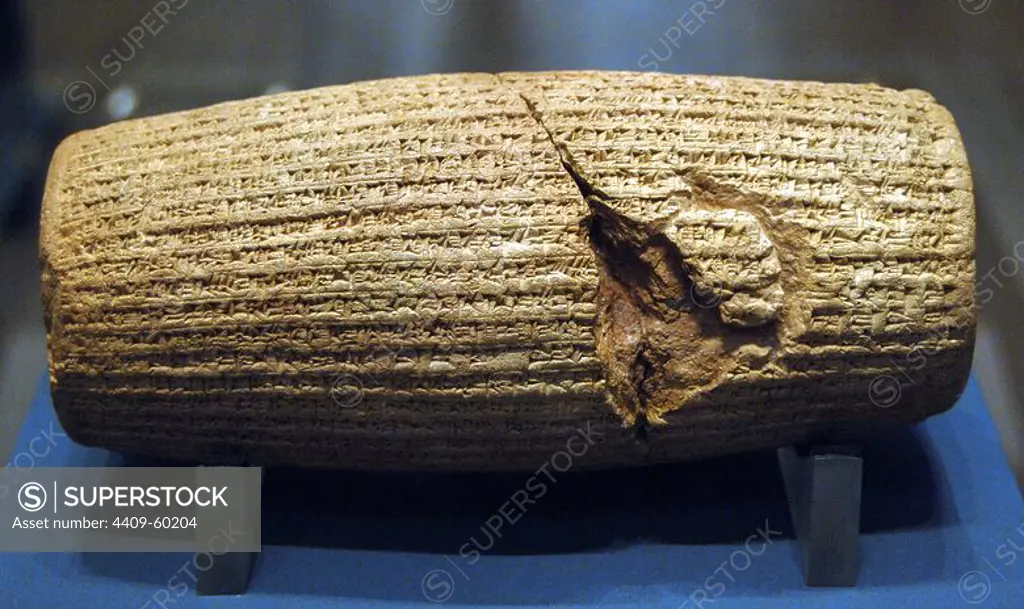 Cylinder of Cyrus the Great with text written in akkadian cuneiform. Clay. Describes the conquest of Babylon in 539 BC and the capture of King Nabonidus by Cyrus the Great, king of Persia (559-530 BC). British Museum. London. England. United Kingdom.