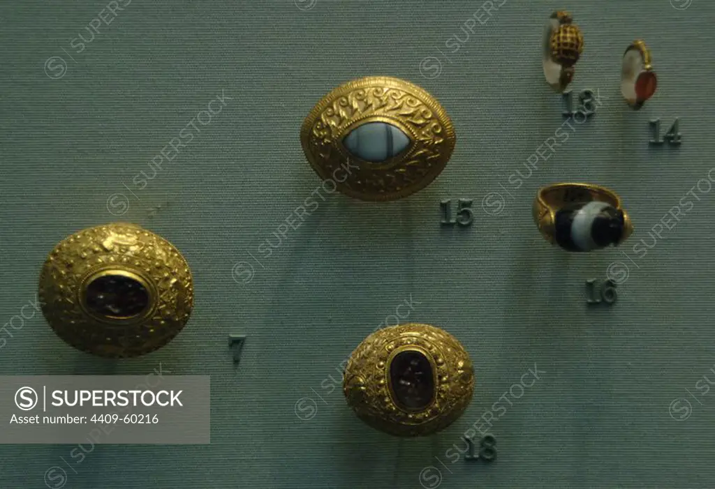 Gold etruscan jewelry. Rings. 350-300 BC. From a tomb near Tarquinia. British Museum. London. England. United Kingdom.