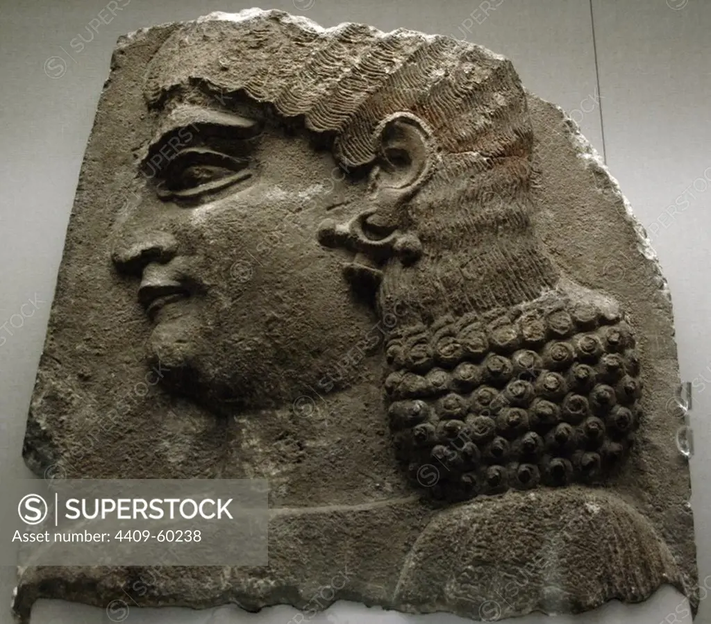 Mesopotamian Art. Assyrian. Relief depicting the head of a eunuch. Dated around 710 B.C. It comes from the Palace of Sargon. Korsabad. British Museum. London. England. United Kingdom.