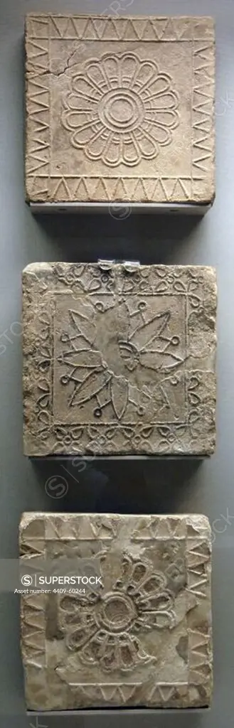 Mesopotamian Art Babylon. Terracotta tiles decorated in floral motifs. Dated between 600-500 BC. They come from the Temple of Nabu in Borsippa. British Museum. London. England. United Kingdom.
