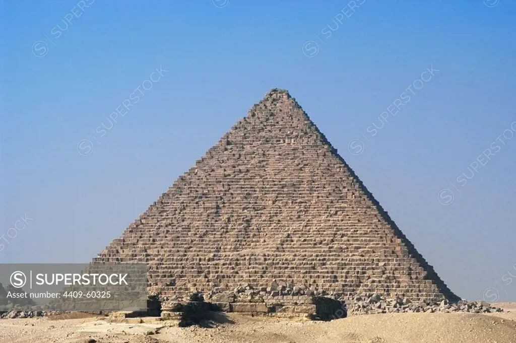 Egypt. The Great Pyramid of Giza called the Pyramid of Menkaure, the smallest of the three Pyramids. Tomb of the Fourth Dynasty Egyptian Pharaoh Menkaure. 26th century B.C. Old Kingdom.