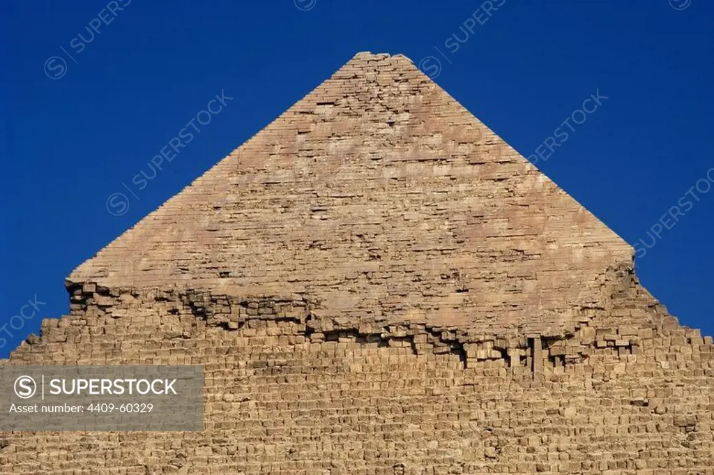Egypt. Pyramids of Giza. The Pyramid of Khafre, also known as the Pyramid of Chephren. Tomb of the fourth-dynasty pharaoh Khafre (Chephren). Detail. 26th century B.C. Old Kingdom.