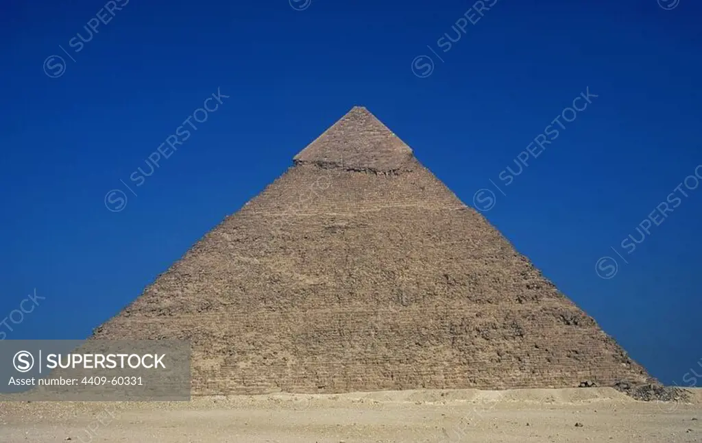 Egypt. Pyramids of Giza. The Pyramid of Khafre, also known as the Pyramid of Chephren. Tomb of the fourth-dynasty pharaoh Khafre (Chephren). 26th century B.C. Old Kingdom.