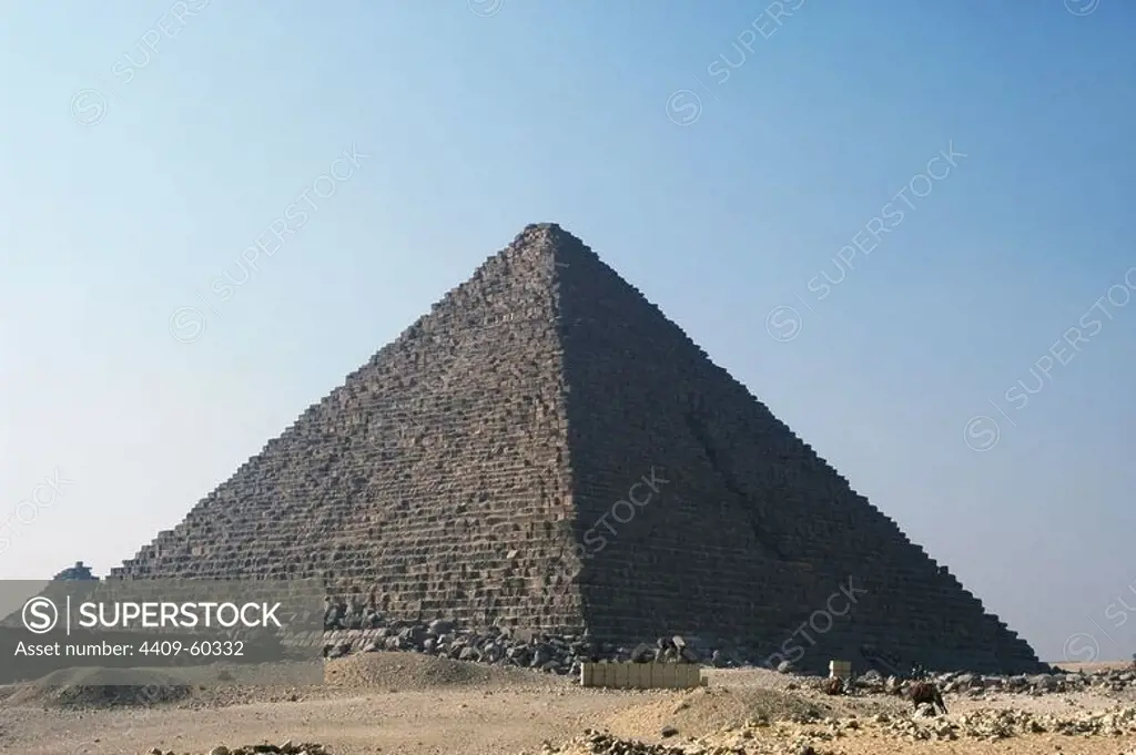 Egypt. The Great Pyramid of Giza called Pyramid of Menkaure. The smallest of the three Pyramids of Giza. Tomb of the fourth-dynasty pharaoh Menkaure. 26th century B.C. Old Kingdom.
