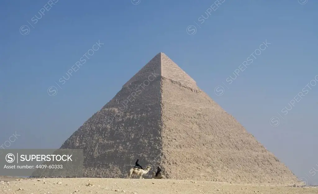 Egypt. Pyramids of Giza. The Pyramid of Khafre, also known as the Pyramid of Chephren. Tomb of the fourth-dynasty pharaoh Khafre (Chephren). 26th century B.C. Old Kingdom.