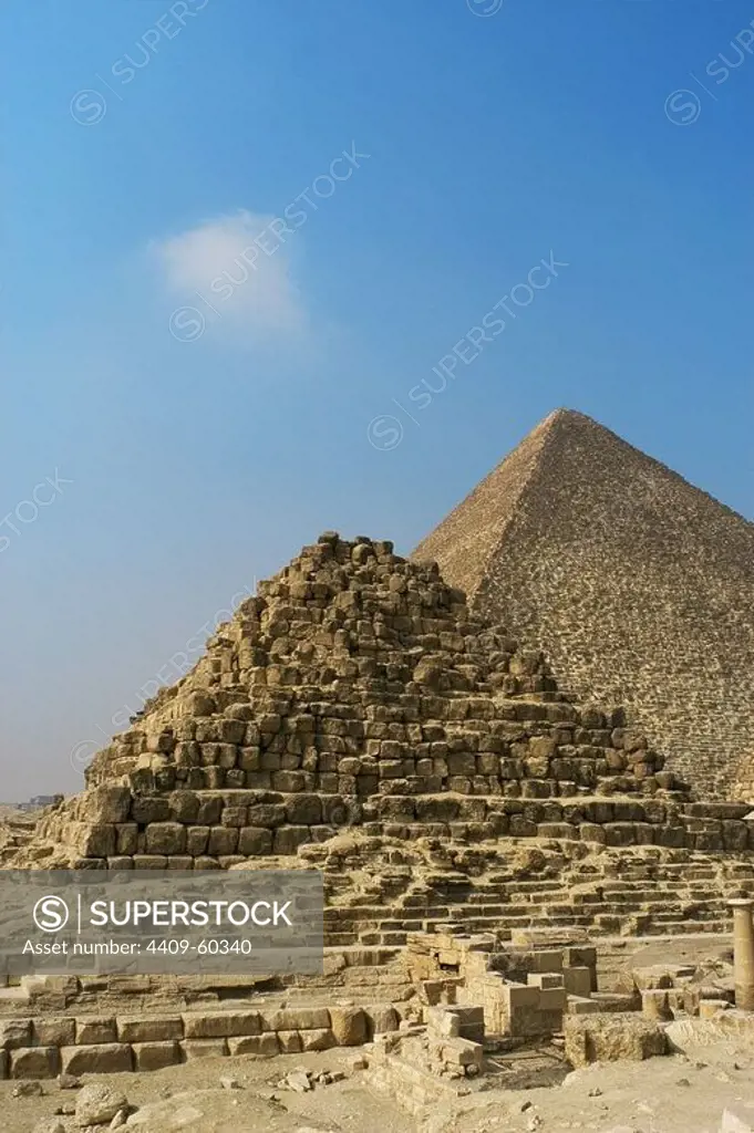 Egypt. Henutsen's pyramid at Giza with the Pyramid of Khufu (Cheops) at the background. Fourth-dynasty Queen. 26th century B.C. Old Kingdom.
