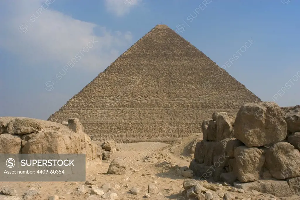 Egypt. The Great Pyramid of Giza, called the Pyramid of Khufu and the Pyramid of Cheops. Is the oldest and largest of the three pyramids in the Giza Necropolis. Tomb of the fourth-dynasty pharaoh Khufu. Is believed it was constructed by the architect Hemiunu (fl. 2570 BC). 26th century B.C. Old Kingdom.