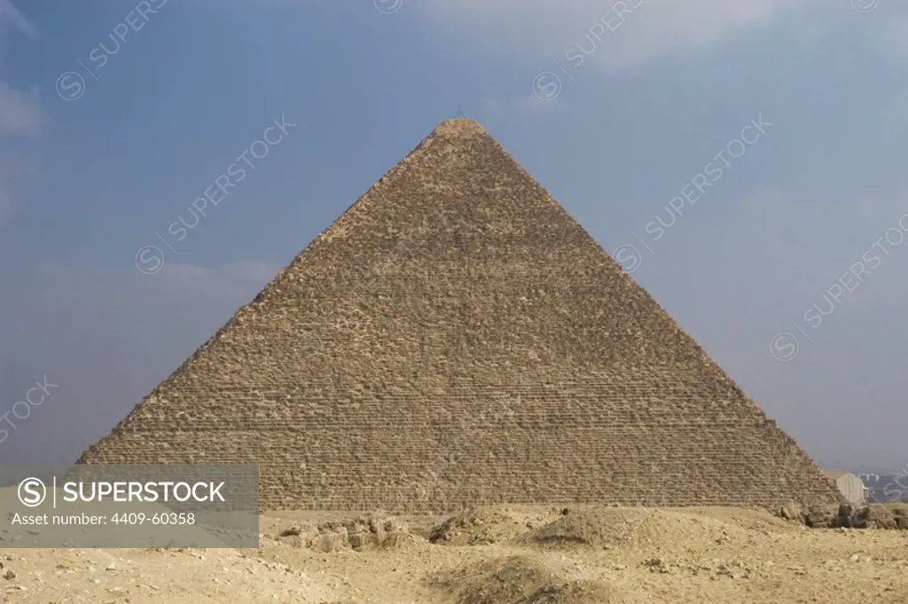 Egypt. The Great Pyramid of Giza, called the Pyramid of Khufu and the Pyramid of Cheops. Is the oldest and largest of the three pyramids in the Giza Necropolis. Tomb of the fourth-dynasty pharaoh Khufu. Is believed it was constructed by the architect Hemiunu (fl. 2570 BC). 26th century B.C. Old Kingdom.