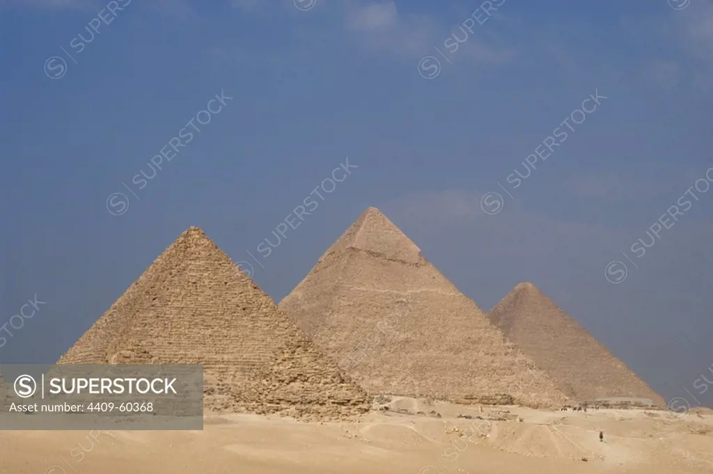 Egypt. The Pyramids of Giza. Great Pyramid of Giza (known as the Great Pyramid and the Pyramid of Cheops or Khufu), the Pyramid of Khafre (or Chephren) and the Pyramid of Menkaure (or Mykerinos). 26th century B.C. 4th Dynasty. Old Kingdom.