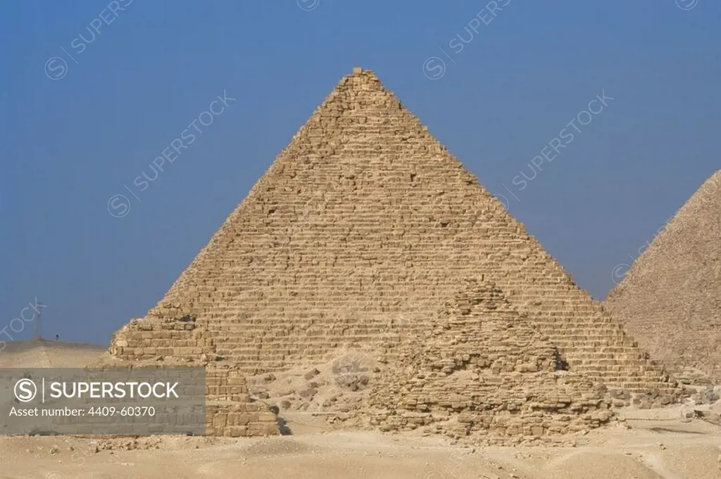 Egypt. The Great Pyramid of Giza called Pyramid of Menkaure. The smallest of the three Pyramids of Giza. Tomb of the fourth-dynasty pharaoh Menkaure. 26th century B.C. Old Kingdom.