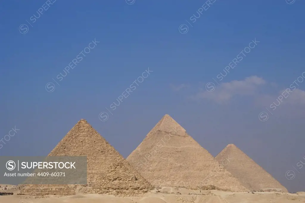 Egypt. The Pyramids of Giza. Great Pyramid of Giza (known as the Great Pyramid and the Pyramid of Cheops or Khufu), the Pyramid of Khafre (or Chephren) and the Pyramid of Menkaure (or Mykerinos). 26th century B.C. 4th Dynasty. Old Kingdom.