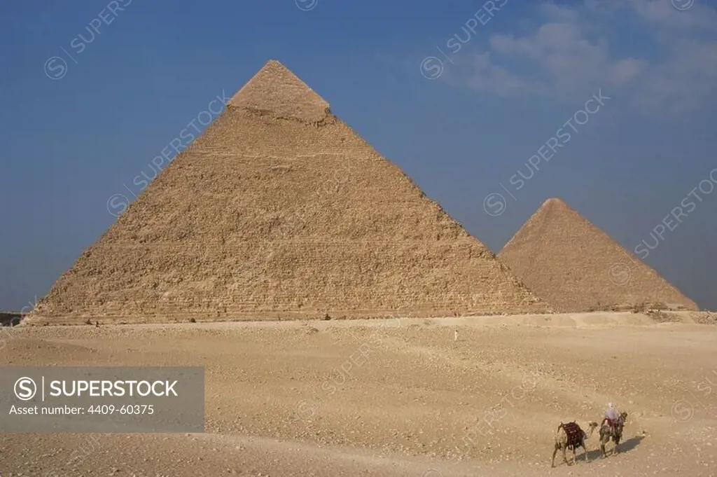 Egypt. Pyramids of Giza. The Pyramids of Khafre (Chephren) and Khufu (Cheops). Fourth-dynasty. 26th century B.C. Old Kingdom.