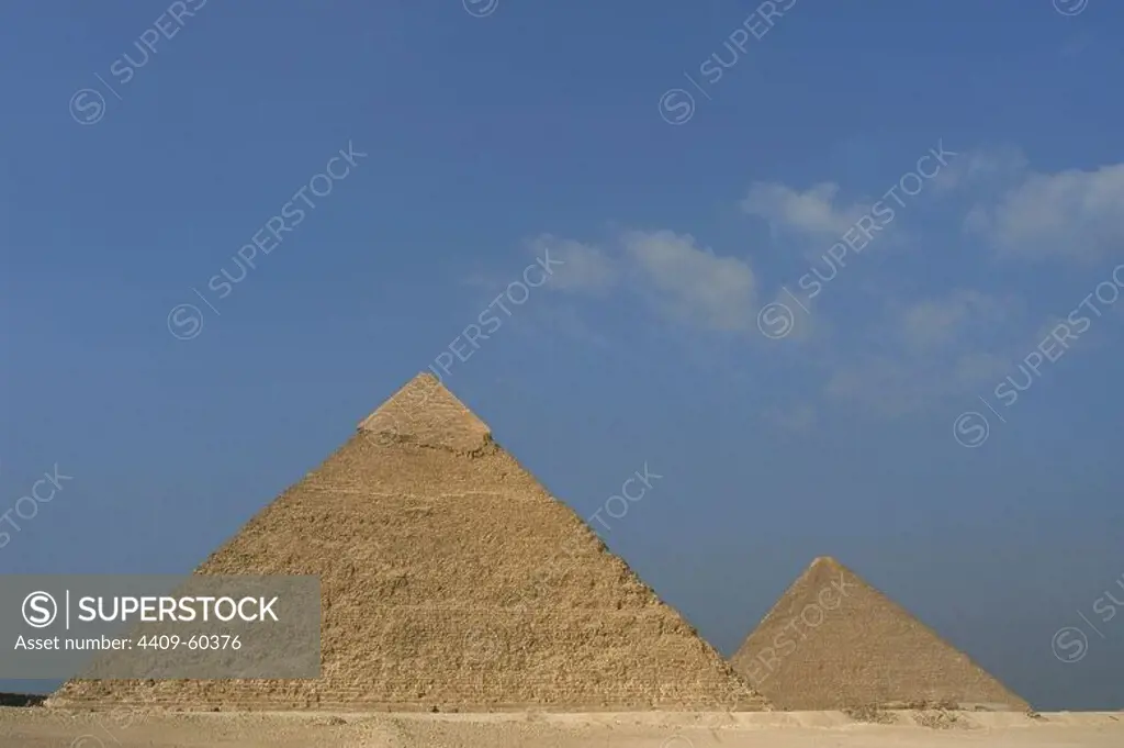 Egypt. Pyramids of Giza. The Pyramids of Khafre (Chephren) and Khufu (Cheops). Fourth-dynasty. 26th century B.C. Old Kingdom.
