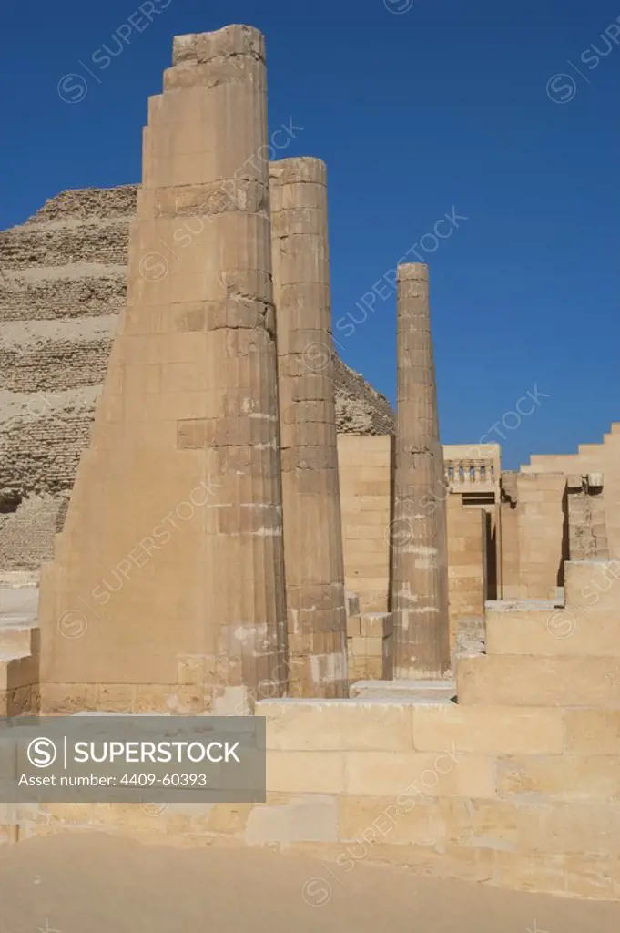 Egypt. Saqqara. Djoser's complex. Temple of the three fluted columns or T Temple, located in the middle of the wall that delimits the large patio. Old Kingdom.