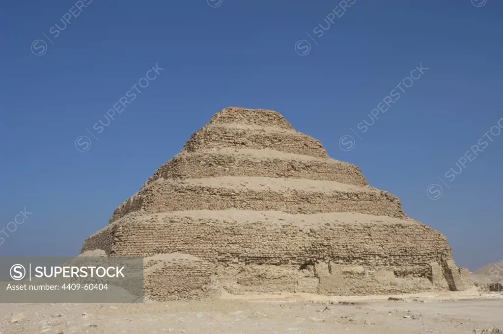 Egypt. Saqqara necropolis. The Pyramid of Djoser (Zoser) or step pyramid. Built in 27th century BC as a burial of Pharaoh Djoser by Imhotep, his vizier. Third dynasty. Old Kingdom.