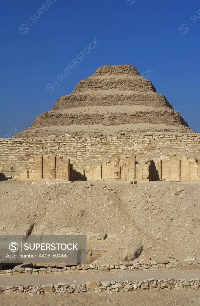 Egypt. Saqqara necropolis. The Pyramid of Djoser (Zoser) or step pyramid. Built in 27th century BC. as a burial of Pharaoh Djoser by Imhotep, his vizier. Third dynasty. Old Kingdom.