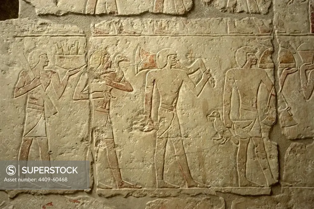 Egyptian Art. Polychrome relief depicting a religious procession carrying food to the deceased. Mastaba of Iynefert. Old Kingdom. 5th Dynasty. Necropolis of Saqqara.