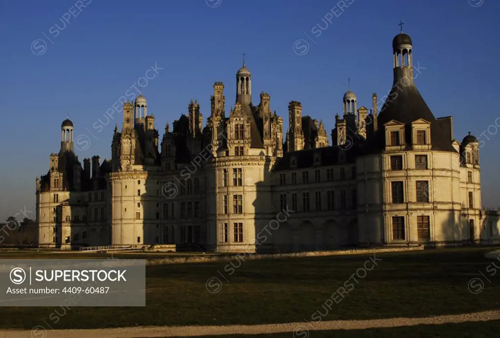 Renaissance Art. France. 16th century. Castle of Chambord. Attributed to Domenico da Cortona (ca 1465- ca 1549). Built by order of King Francis I between 1519-1539, along the river Closson. Exterior. Northwest fac_ade. Loire Valley.