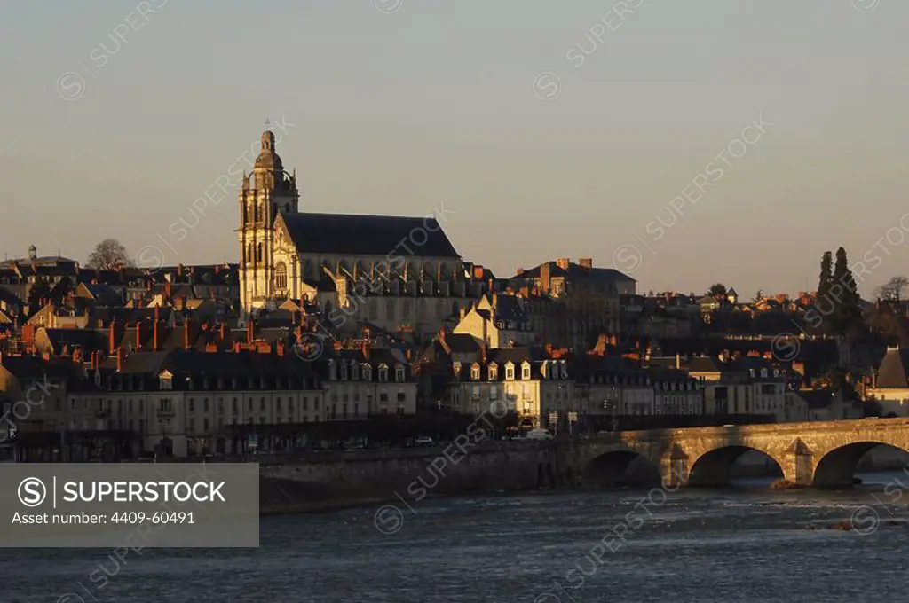 France. Blois. Cityscape with the Saint Louis cathedral built in 18th century and Jacques Gabriel bridge over the Loire river.