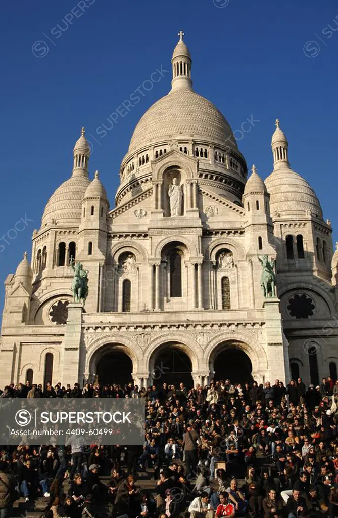 France. Paris. Montmartre. Basilica of the Sacred Heart, known as Sacre-CÏur Basilica or simply Sacre-CÏur. It was designed by the French architect Paul Abadie (1812-1884) and it was constructed between 1875-1914.
