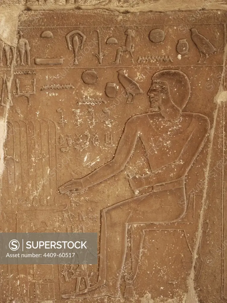 Egypt. Necropolis of Saqqara. Relief depicting a deceased making an offering to the gods. Old Kingdom.