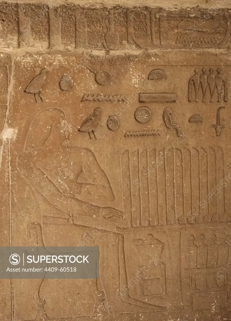 Egypt. Necropolis of Saqqara. Relief depicting a deceased seated before a table offering food to the gods. Old Kingdom.