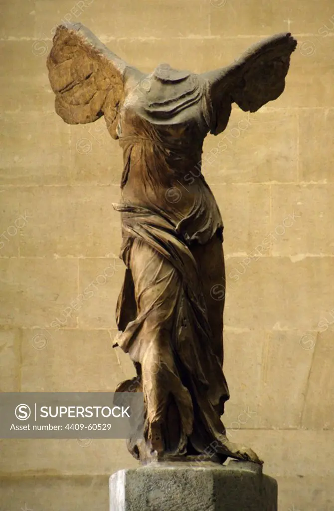 Greek art. Winged Victory of Samothrace or Nike of Samothrace. 2nd century BC. Marble. Sculpture of the greek goodess Nike (Victory). Museum of Louvre. Paris. France.