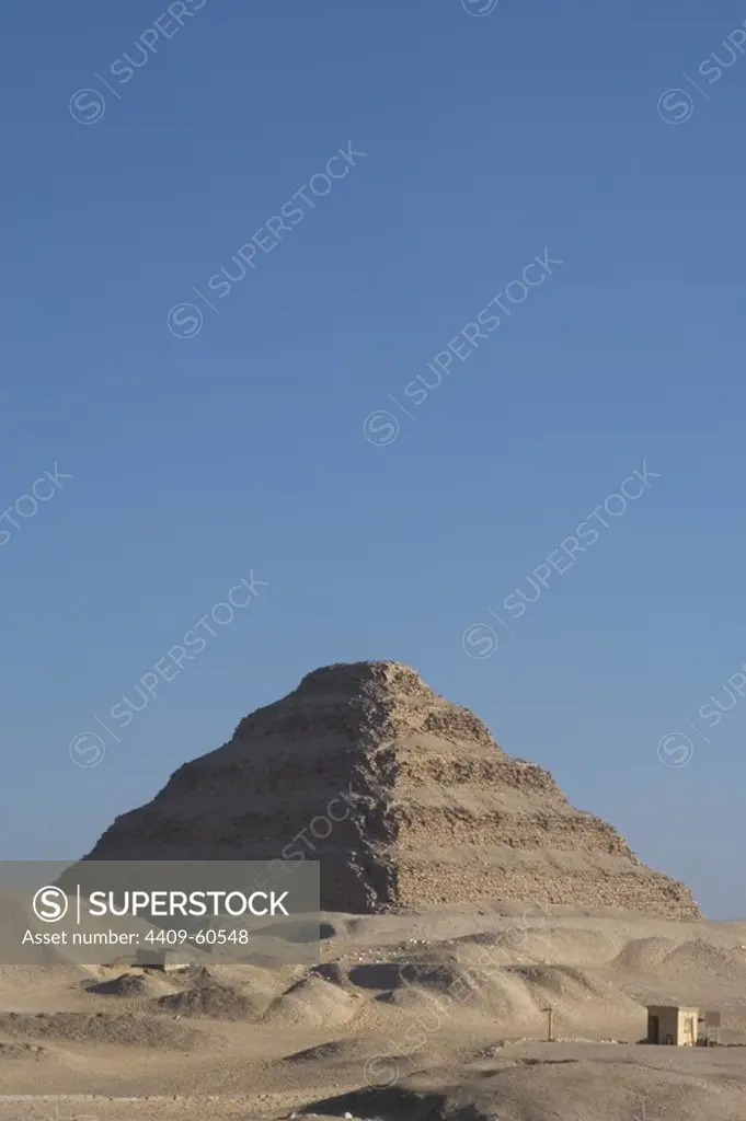 Egypt. Saqqara necropolis. The Pyramid of Djoser (Zoser) or step pyramid. Built in 27th century BC. as a burial of Pharaoh Djoser by Imhotep, his vizier. Third dynasty. Old Kingdom.