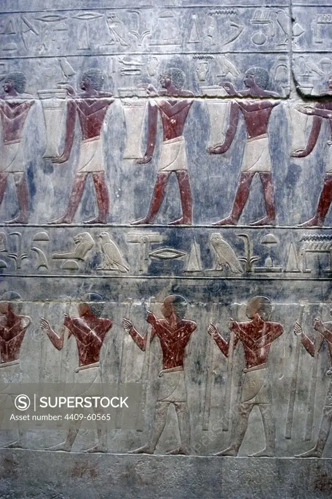 Egypt. Necropolis of Saqqara. Mastaba of Kagemni (2350 BC). Chief Justice and vizier of the Pharaoh Teti. Polychrome relief depicting offering bearers. 6th Dynasty. Old Kingdom.