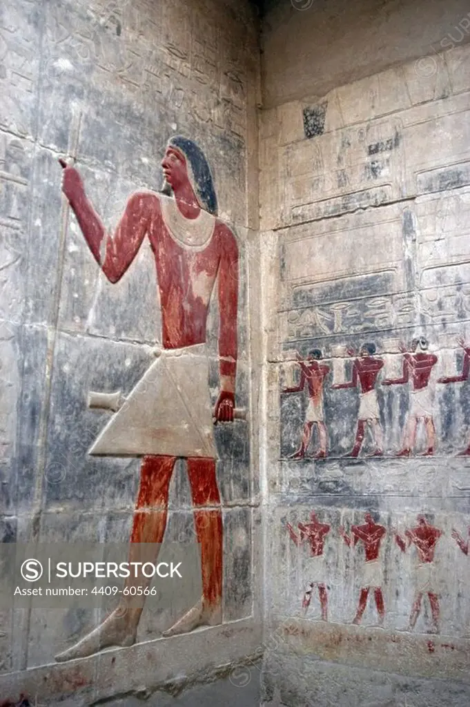 Egypt. Necropolis of Saqqara. Mastaba of Kagemni (2350 BC). Chief Justice and vizier of the Pharaoh Teti. Polychrome relief depicting offering bearers and the deceased's portrait with baton and scepter. 6th Dynasty. Old Kingdom.