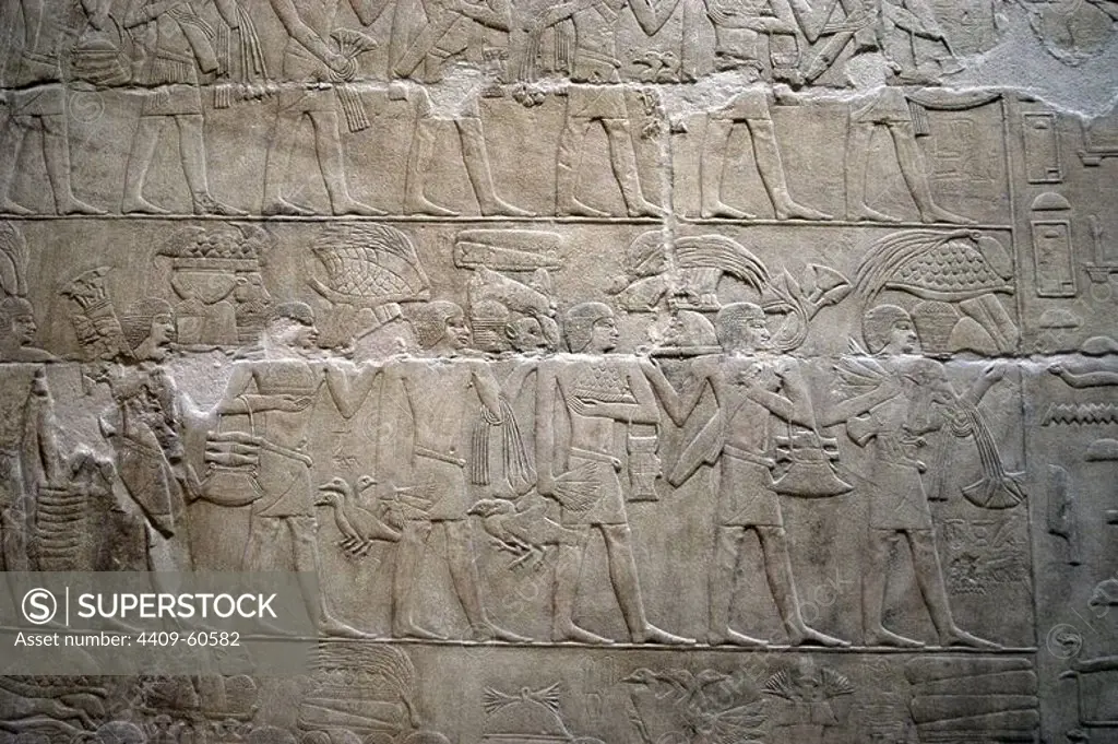 Egypt. Necropolis of Saqqara. Mastaba of Kagemni (2350 BC). Chief Justice and vizier of the Pharaoh Teti. Relief depicting offering bearers. 6th Dynasty. Old Kingdom.