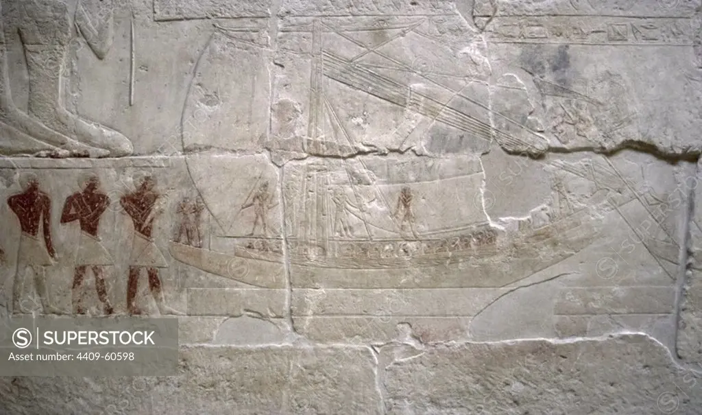Egypt. Necropolis of Saqqara. Mastaba of Mereruka, priest of Pharaoh Teti. 2.340 B.C. Polychrome relief depicting a boat. 6th Dynasty. Old Kingdom.