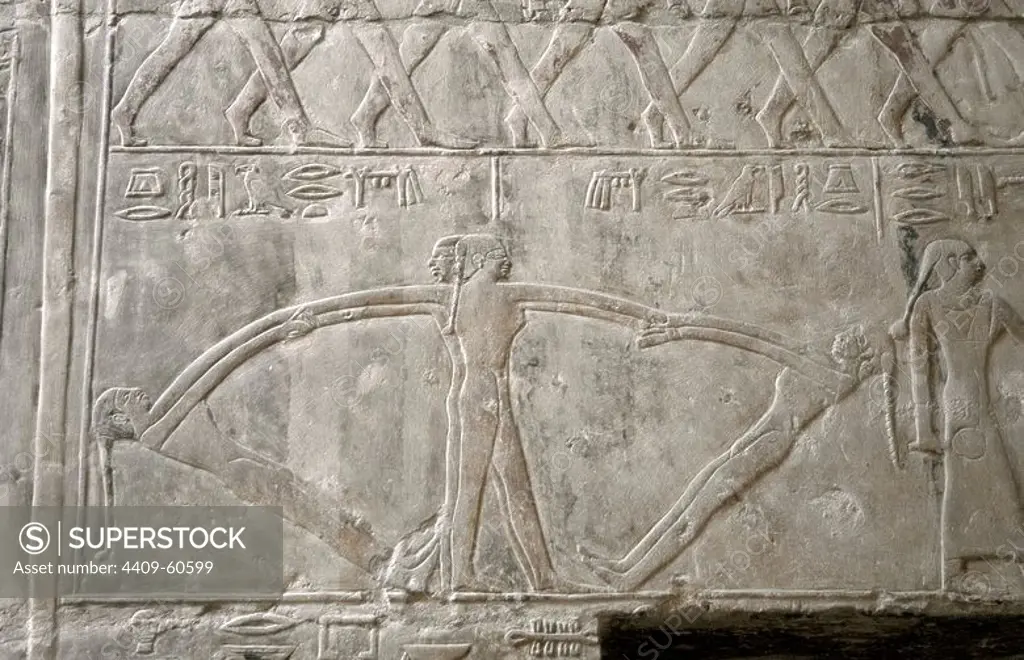 Egypt. Necropolis of Saqqara. Mastaba of Mereruka, priest of Pharaoh Teti. 2.340 B.C. Polychrome relief depicting dancers. 6th Dynasty. Old Kingdom.
