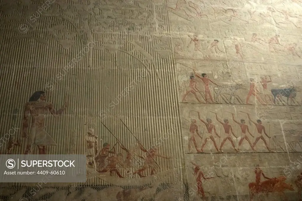 Egypt. Saqqara. Mastaba of Ti. Ca. 2400 B.C. 5th Dynasty. Old Kingdom. Relief depicting hunters nailing his lances into the hippos and crocodiles next to a ranching scene.