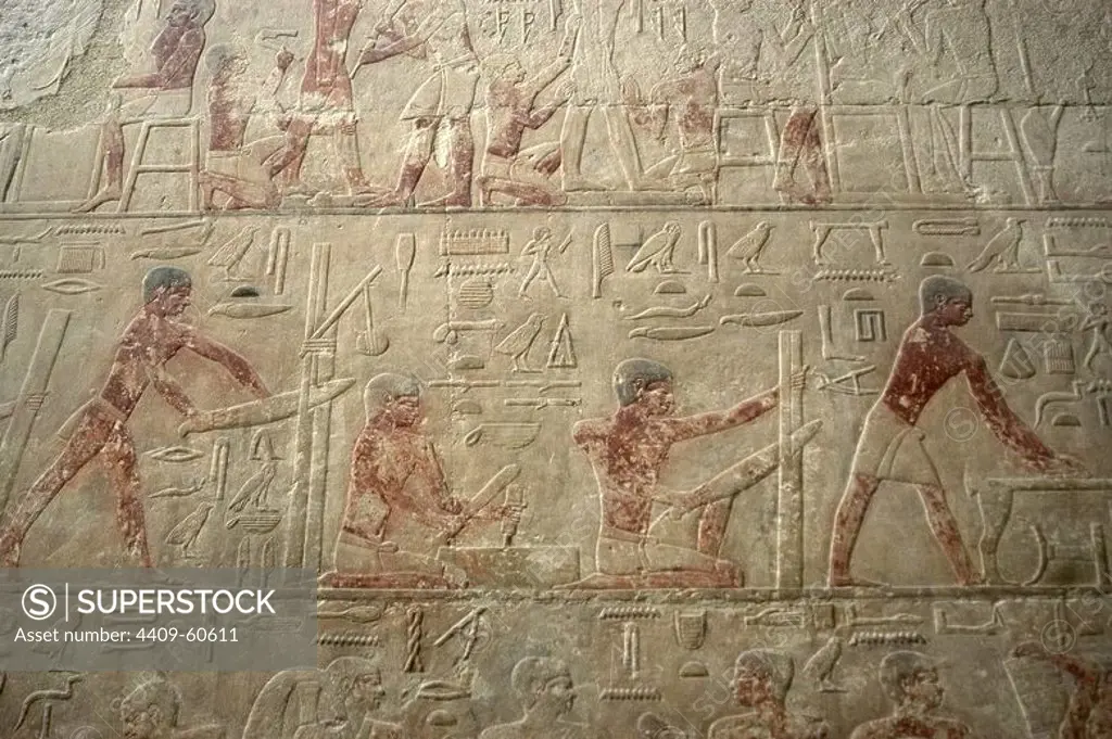 Egypt. Saqqara. Mastaba of Ti. Ca. 2400 B.C. 5th Dynasty. Old Kingdom. Relief depicting artisans cutting wood.