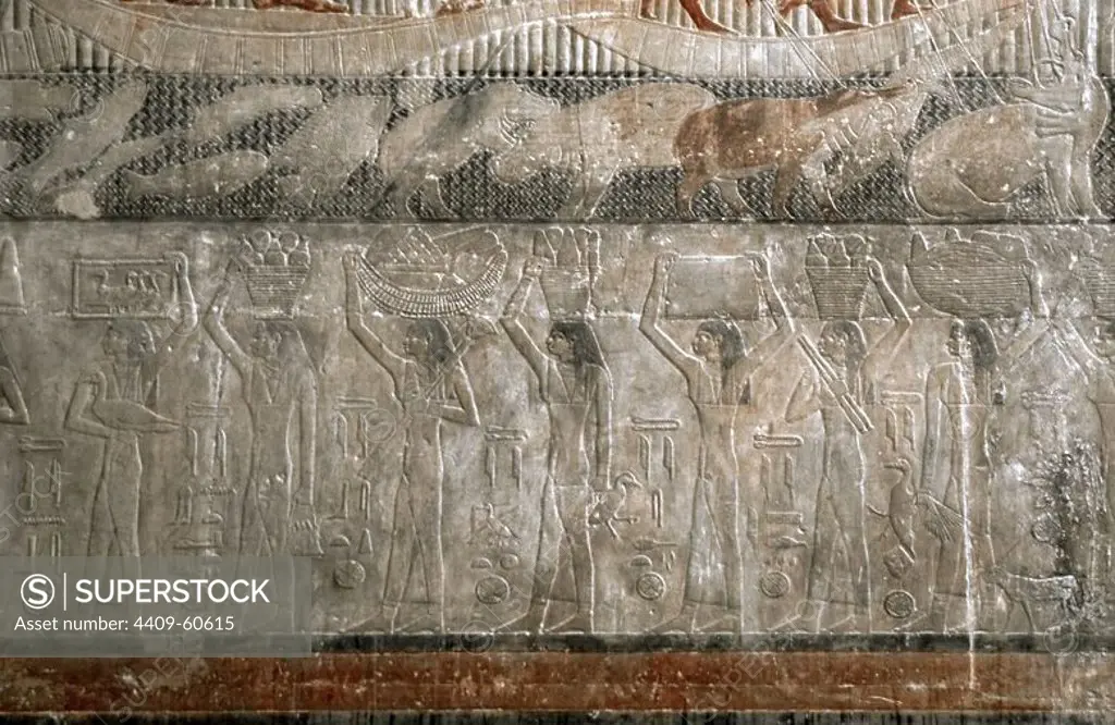 Egypt. Saqqara. Mastaba of Ti. Ca. 2400 B.C. 5th Dynasty. Old Kingdom. Relief depicting Slaves bearing offerings.
