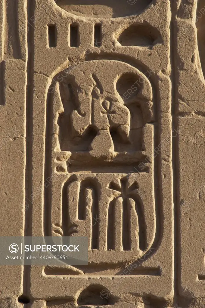 Egyptian Art. The Karnak Temple Complex. Hieroglyphic writing. Royal protocol of Ramesses II. Fifth title of the Pharaoh: son of Ra.19th Dynasty (1320-1200 b.C.). New Empire. Egypt.
