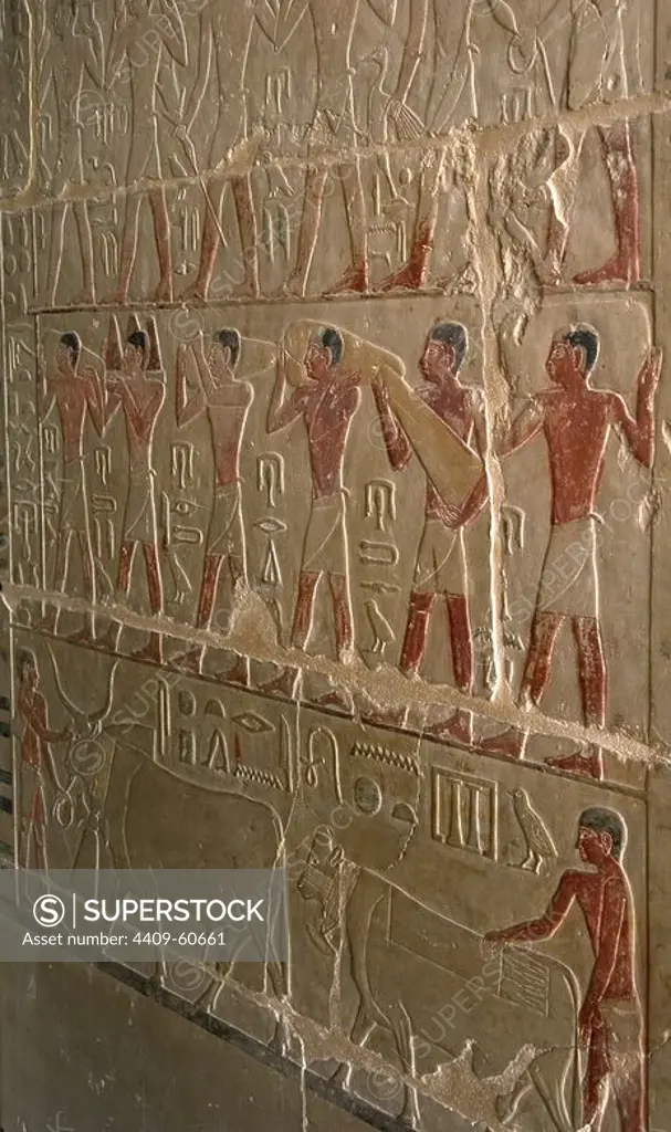 Mastaba of Nefer and Kahay. Polychromed relief depicting porters of offerings. 5th Dynasty. Old Kingdom. Saqqara. Egypt.