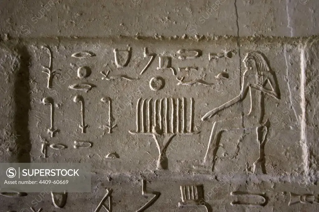 Mastaba of Nefer and Kahay. Relief. Hieroglyphic depicting the deceased next to the offerings' table. 5th Dynasty. Old Kingdom. Saqqara. Egypt.