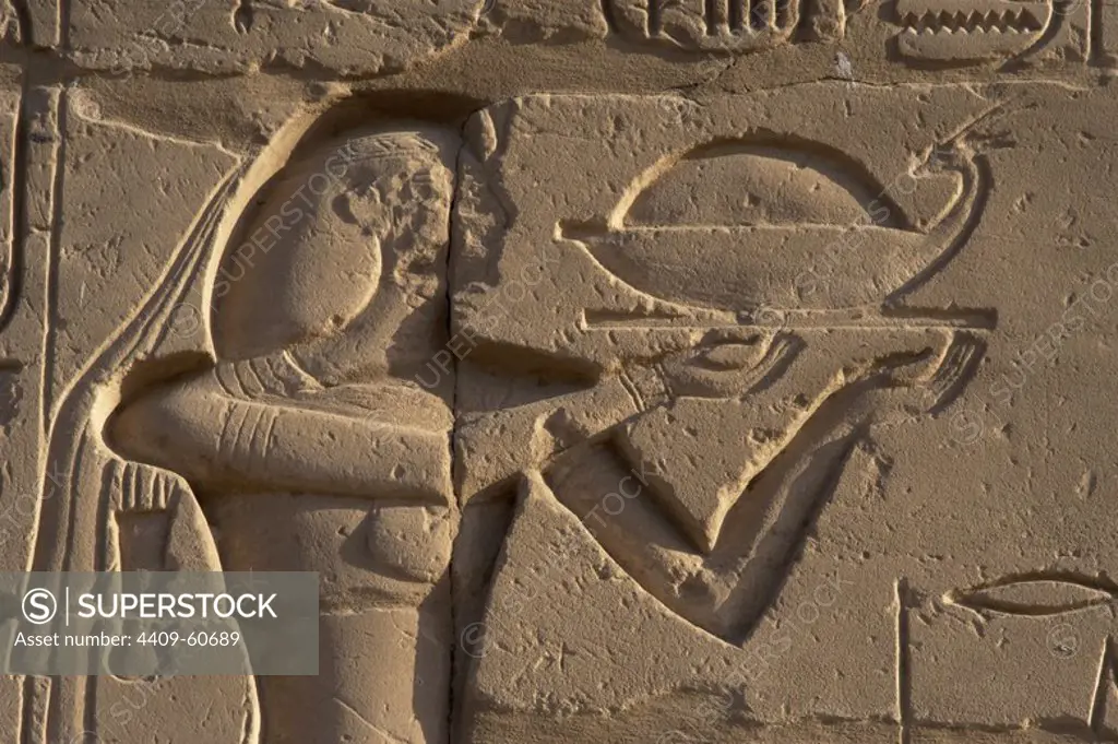 Egyptian Art. The Karnak Temple Complex. Relief depicting an offerer with food. New Kingdom. Egypt.