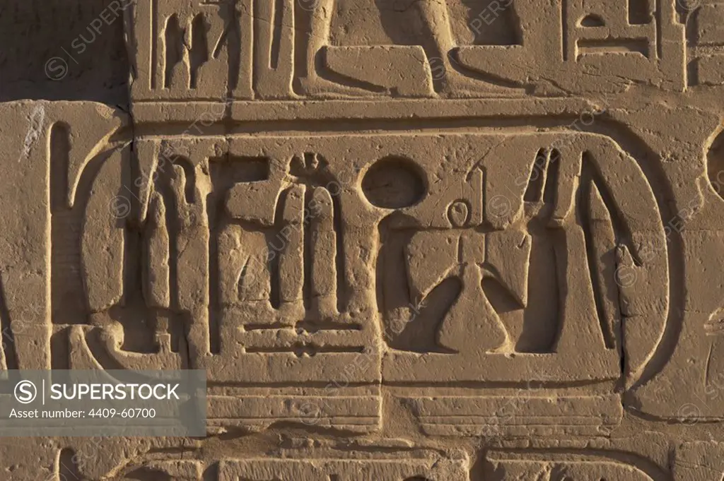 Egyptian Art. The Karnak Temple Complex. Hieroglyphic writing. Royal protocol of Ramesses VI Nebmaatre-Meryamun. He reigned from 1145 BC to 1137 BC. 20th Dynasty. New Empire. Egypt.