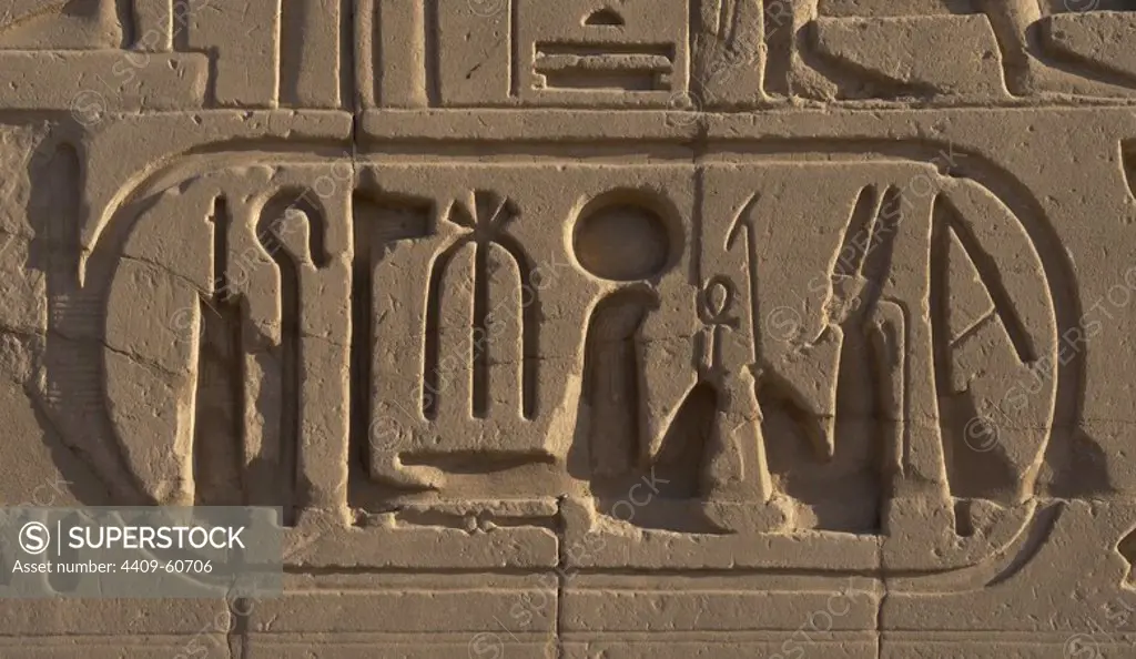 Egyptian Art. The Karnak Temple Complex. Hieroglyphic writing. Royal protocol of Ramesses VI Nebmaatre-Meryamun. He reigned from 1145 BC to 1137 BC. 20th Dynasty. New Empire. Egypt.