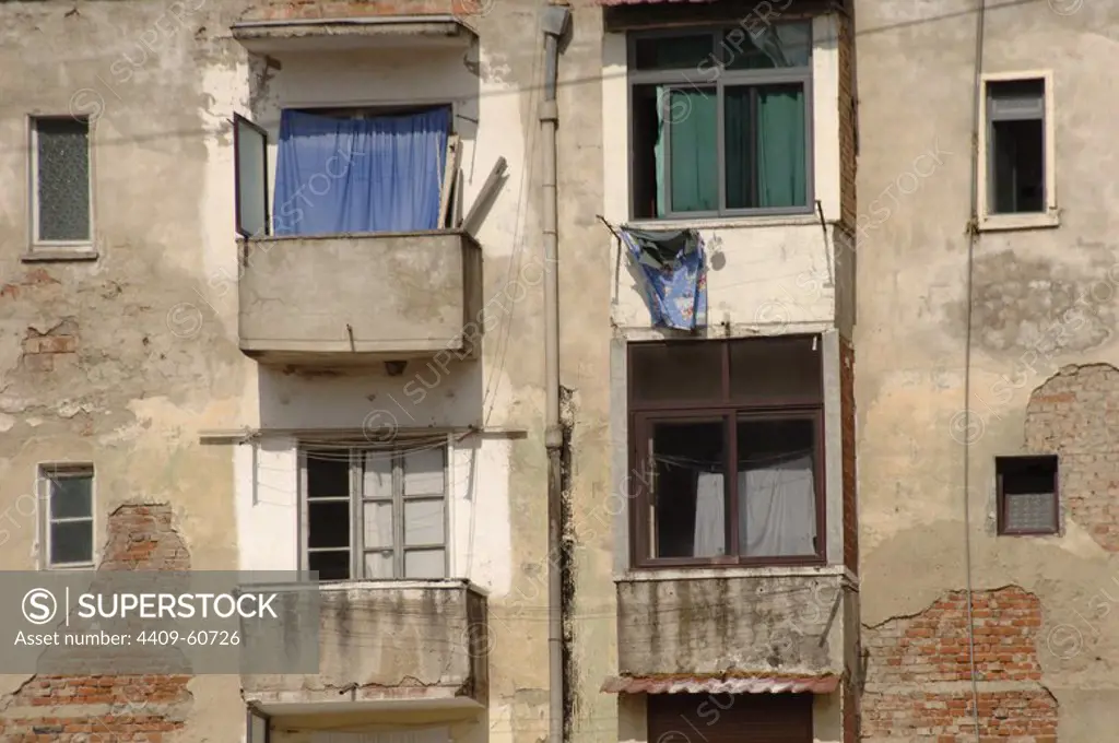 Tirana. Central district of the city. Facade of houses.