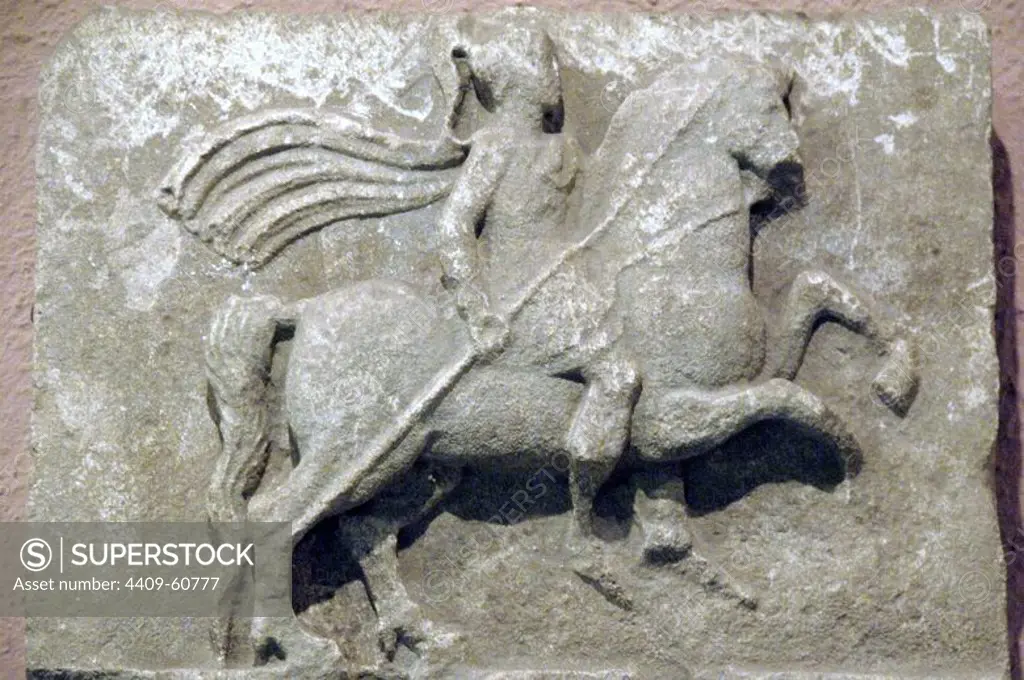 Greek art. Relief. Horseman. 3rd century BC. From Apollonia (Illyria). National Arcaheological Museum. Tirana. Albania.