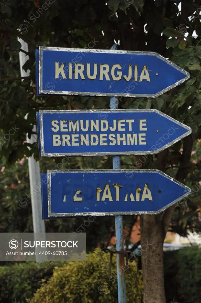 Albania. Tirana. Signs indicating the direction of the different specialties of the hospital.